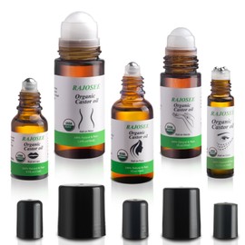 RAJOSEE 5 Pcs Castor Oil Roll on Set, Certified Organic Castor Oil Rolling for Skin Waist Back Leg Lip Eyebrow Hair, Cold Pressed Essential Oil in Glass Bottle