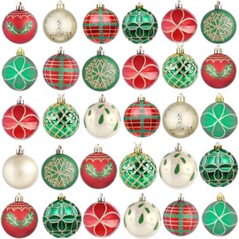 30 Pcs Christmas Ball Ornaments,60mm 10 Styles Red Gold Green Hand-Painted Ornament Bulk for Christmas Tree,Classic Hanging Christmas Tree Ornaments for Xmas Tree Decor