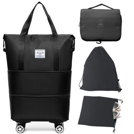 Barsine Expandable Foldable Rolling Duffle Bag with Wheels, Travel Duffle Bag Carry Luggage Bag Suitcases with Drawstring Bags and Toiletry Bag, Black