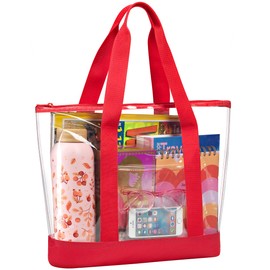 Handy Laundry Clear Tote Bag - Zipper Closure, Long Shoulder Strap, Fabric Trimming. (Red)
