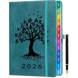 2026 A5 Calendar - Weekly Planner & Diary with Monthly Overview, January to December 2026, Tree of Life Design, with Colourful Monthly Tabs, Inner Pocket & Pen - Lake Green