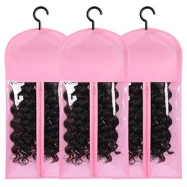 3PCS wedge Hanger Hair Extension Holder Wig Storage for Multiple Wigs Bags Storage with Hanger Wig Holder Dust-proof Hair Extension Storage with Hook hair extensions, wigs & accessories (Black) - Color: Pink, Size: 3PCS (23.5 Inch)