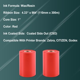 2 Rolls 4.33" x 984'(110mm x 300m) Red, Wax/Resin Thermal Transfer Ribbon, Core 1", Ink Outside, Barcode Ribbon Compatible with Zebra Printer