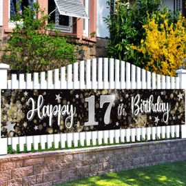 Nelbiirth Happy 17th Birthday Black & Silver Star Yard Sign Banner - Cheers to Seventeen Years Old Birthday Home Outdoor Photoprop Backdrop, 17th Birthday Party Decoration.(9.8ft x 1.6ft)