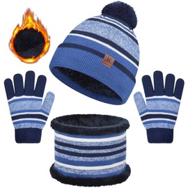 Yuson Girl 3 Pcs Kids Winter Stripe Knitted Bobble Beanie Hat Snood Scarf Gloves Set with Thick Fleece Lining Cotton Thermal Knit Pom Pom Hat Cap Neck Warmer for Children Outdoor Boy Girl