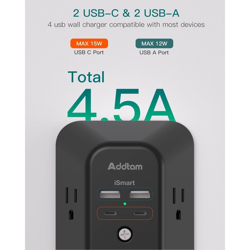 Power Bar, USB Wall Charger Surge Protector 5 Outlet Extender