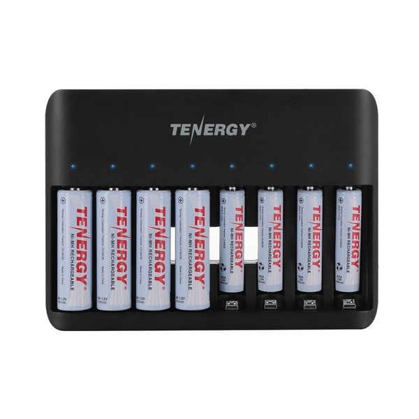 Tenergy TN477U Cargador rápido de 8 bahías para baterías recargables NiMH/NiCD AA AAA con 4 baterías AA de 2500 mAh y 4 baterías recargables AAA de 1000 mAh