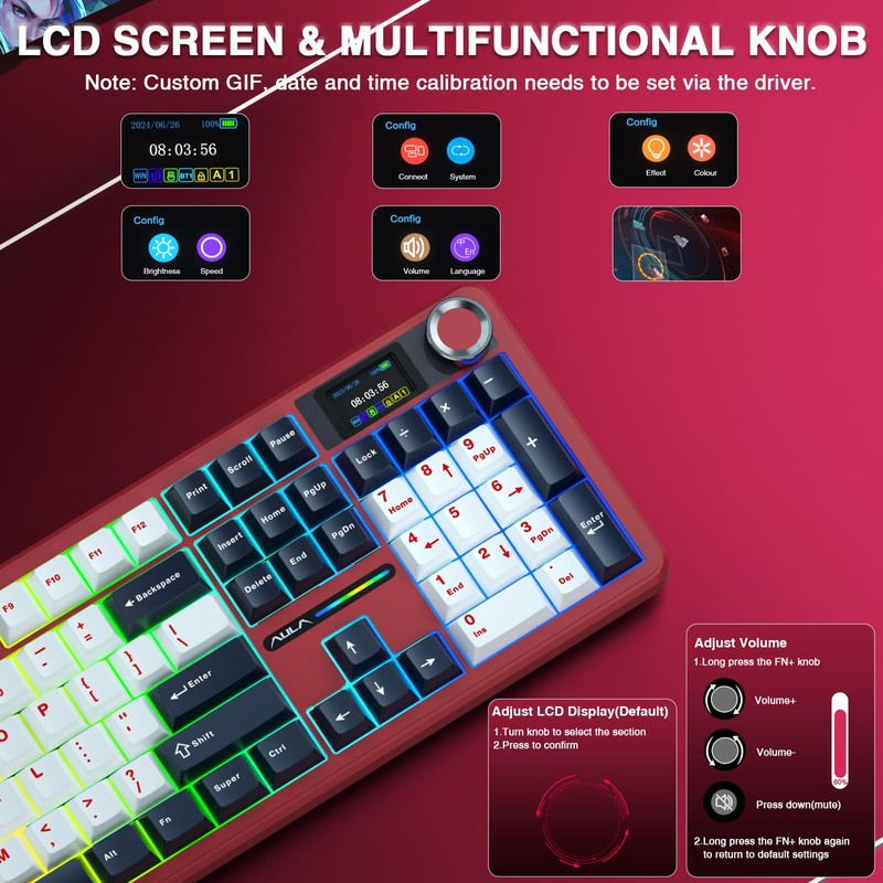AULA F108 PRO - Wireless Mechanical Keyboard with Screen&Knob,Hot Swappable