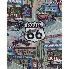 Fabric Empire - Classic Retro ROUTE 66 Inspired TAPESTRY Fabric, Motel, Diner, Gas Station Theme - 56" W, Sold by the CONTINUOUS Yard, Tote Bags, Accent Pillows, Upholstery (LARGE, Route 66 Logo)
