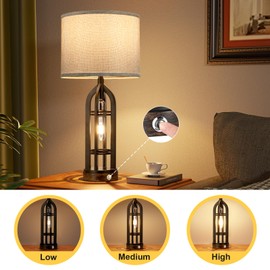 Table Lamp for Living Room - Grey Farmhouse Lamps for Night Stands with USB C+A, 3 Way Dimmable End Table Lamps Set of 2, Vintage Bedside Lamp for End Tables, Rustic Nightstand Lamps for Bedroom