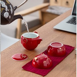 RORA - Juego de té de viaje con bolsa portátil, juego de tetera de cerámica hecha a mano, tetera todo en uno, 1 olla 2 tazas, adecuado para viajes, oficina y hogar (rojo)
