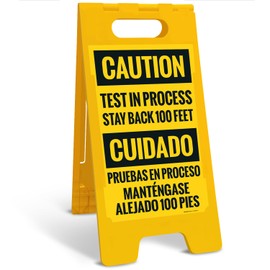 Sigo Signs Caution Test in Process Stay Back 100 Feet Bilingual Sidewalk Sign Kit, 10x16 Inches, with A Frame Stand, Made in USA