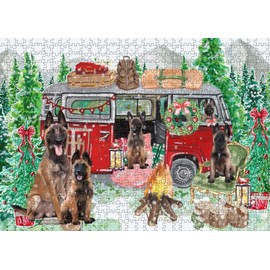 Christmas Time Camping with Belgian Malinois Dogs Jigsaw Puzzle for Adults - Animal Printed Interlocking Puzzle Game Artwork - Gift for Dog Lover's - 300 Pcs 11"x14"