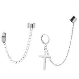 Cross Chain Ear Cuff Earrings for Men Women Stainless Steel Punk Rock Edgy Stylish Goth Cool Hip Hop Kpop Ear Clip On Dangle Drop Earrings Jewelry (Silver)