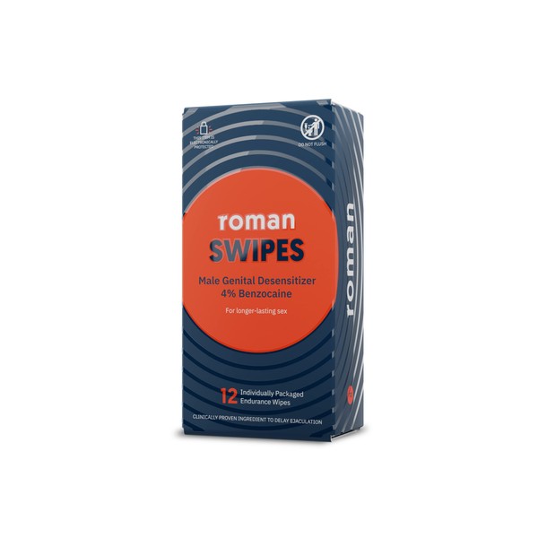 Roman Swipes | Fast-Acting, Convenient, Over-The-Counter Wipes Increase Stamina, Formulated with 4% Benzocaine, Features Discreet Packaging | 12-Pack
