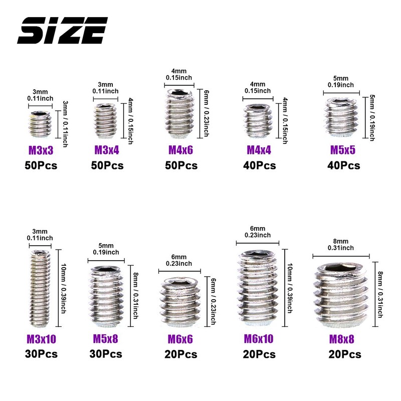 Swpeet 350 Pcs Stainless Steel Allen Head Socket Hex Grub