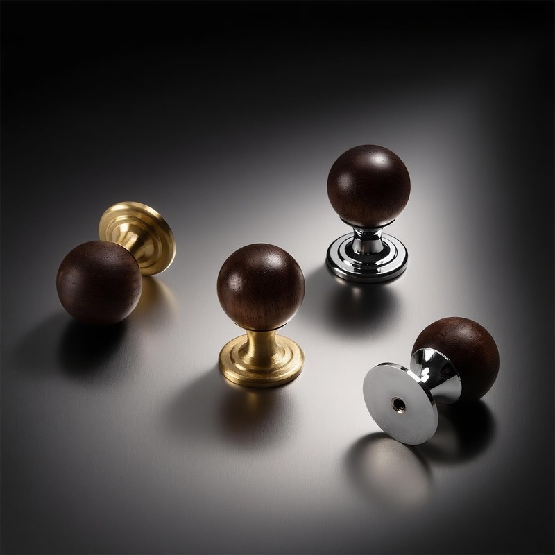 GUDBRUZ Wood Knobs with Solid Brass Base Silver-Tone Cabinet Hardware
