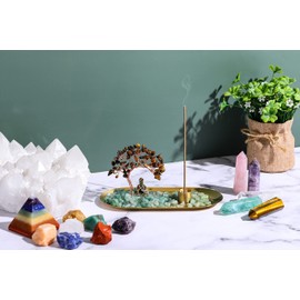 Jovivi Crystal Incense Holder for Sticks, Tiger Eye Healing Crystal Stone Money Tree Buddha Statue Set Incense Burner, Incense Trays for Wealth, Good Luck,Yoga Meditation Home Decor