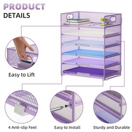 Marbrasse 2 Pack Desk Organizer with Handle, 6 Tier Paper Letter Tray, Mesh Desk File Organizer for Office, School and Home - Purple