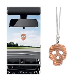 KHGUZ Bling Skull Car Rear View Mirror Pendant, Crystal Rhinestone Vehicle Hanging Charm Decoration, Diamond Auto Interior Rearview Ornament Accessories, Universal for SUV, Sedan, Truck (Champagne)