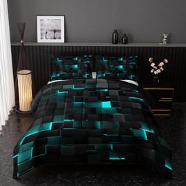 Neon Turquoise Black Comforter Set Queen Geometric Kids Bedding Set,3 PCS Geometry Honeycomb Bed Set Modern Quilt Set 1 Comforter 2 Pillow Cases Cool Room Decor All Season B-Side Black