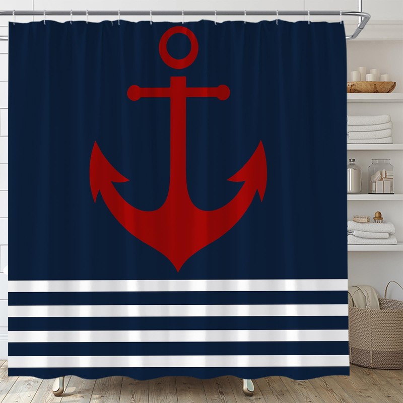 UEAUUN Navy Blue and White Striped Shower Curtain Anchor, 70x70