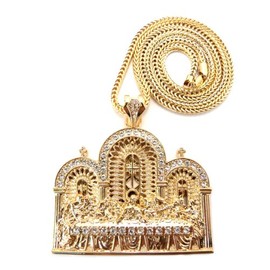 NYFASHION101 Carved Last Supper Pendant w/ 4mm 36" Franco Chain Necklace, Gold-Tone