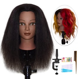 JMHAIR Mannequins Head 16" 100% Real Hair For Manual Braiding Styling Practice Hairdresser School Manikin Head Curling Dyeing Hairdresser Cosmetology Doll Head Training Head- Female Black