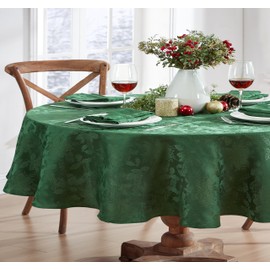 Newbridge “Christmas Carol” Holiday Noel Damask Tablecloth, Holly Leaf and Poinsettia Weave Damask Soil Resistant, Wrinkle Free Easy Care Tablecloth, 60” x 84” Oval, Hunter Green