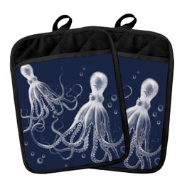 Navy Blue Coastal Octopus Beach Pot Holders Heat Resistant, Octopus Gifts for Women Men, Nautical Ocean Animal Oven Potholder Hot Pads for Kitchen Countertops Baking Cooking