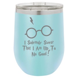 BeeGeeTees I Swear That I Am Up To No Good 12 oz Funny Wine Tumbler Laser Engraved Insulated Unbreakable Stemless Cup With Lid Multiple Colors (Matte Light Blue)