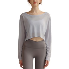 Perbai Womens UPF 50+ Sun Shirts Mesh Crop Top Lightweight Long Sleeve Workout Yoga Top(Lightblue-M)
