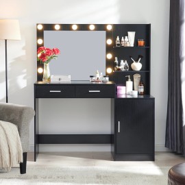 46.7" Wood Vanity Desk Mirror LED Lights 2 Large Drawers 3-Tier Vertical Organizer 3 Adjustable Lighting Modescolor: Black, size: Standard