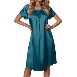 Ekouaer Women's Satin Silk Pleated Nightgown Loose Sleepwear Printed Nightshirt Short Sleeve Sleep Dress Blue Green