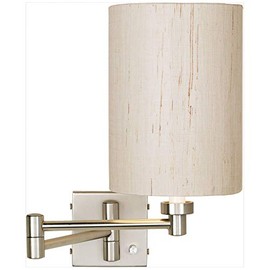 Possini Euro Design Modern Swing Arm Wall Lamp with Cord Brushed Nickel Plug-in Light Fixture Dimmable Ivory Linen Cylinder Shade for Bedroom Bedside House Reading Living Room Home Hallway Dining
