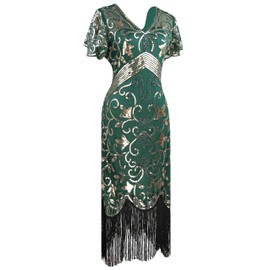 Women Vintage 1920s Dresses Floary Beaded Cocktail Flapper Dress w/Sleeves 20S Gatsby Party Accessories Set (Gold Green, X-Large)