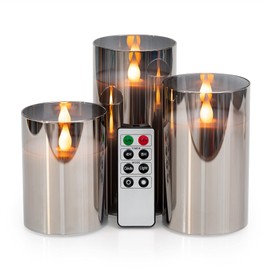 WYZworks - Juego de 3 velas de pilar sin llama de vidrio tintado, color gris plateado y metálico, con control remoto, temporizador, parpadeo realista/modo estático, funciona con pilas, brillo ajustable