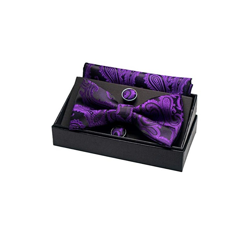 JEMYGINS Men's Paisley Pattern Bow Tie, Cuffs, Buttons, Handkerchief Set,