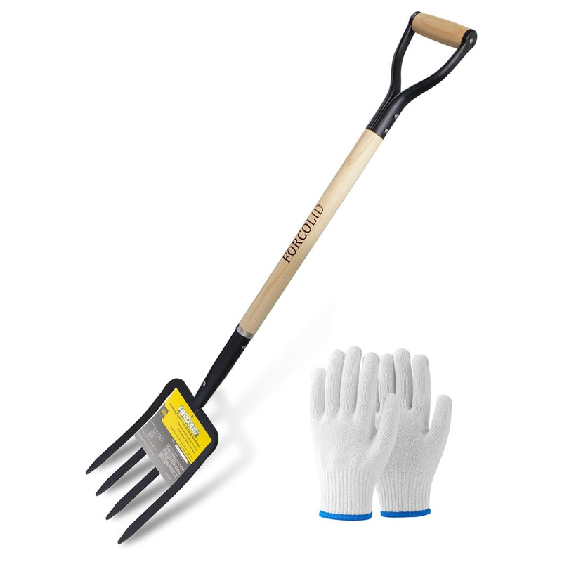 FORCOLID Garden Fork, 4-Tine Spading Digging Fork, Pitch Fork-45Inch, Forged