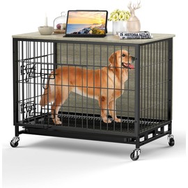 Dog Crate Furniture, Dog Kennel with Dual Doors, Dog Crates Furnitures with Removable Tray & 360° Wheels, Indoor Home for Small Dogs (Grey & Black, Small)