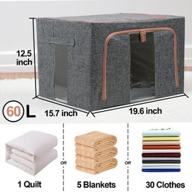 Linen Clothes Storage Bins, 4PCS Sturdy Closet Organizers and Storage Bin with Metal Frame, 2 Opening Ways Fabric Visible Lidded Storage Box for Organizing Clothing,Jeans,Sheets (4PC Gray, 60Liters)