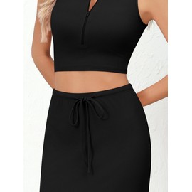 Missufe Women's 2-Piece Outfits Summer Sleeveless Crop Top and Long Maxi Skirt Knitted Zip Set Two Piece Suit, black