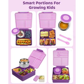 SOHIDA Bento Box with 10oz Soup Thermo: Kids Leakproof Lunch Box with 3 Compartments - Dishwasher Safe and BPA-Free - Vacuum Insulated Food Jar Suitable for Kids Back to School, Travel - Purple