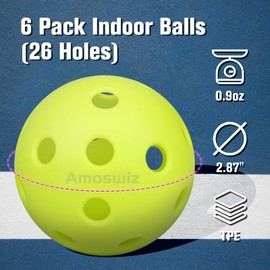 Amoswiz Indoor Pickleball Balls, 6 Pack of 26 Holes Indoor Pickle Ball Balls, Color High Visibility Durable Pickleballs for Training and Tournament