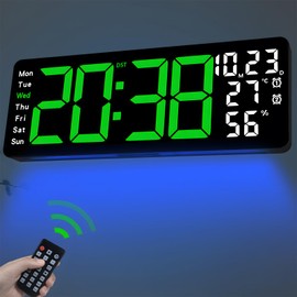 JoFomp 17.3" Large Digital Wall Clock, LED Digital Clock Large Display with Remote Control, Digital Alarm Clock with Temp/DST/Dimmer/Humidity/Timer/Ambient Light - 12/24H, Digital Clock Wall Decor