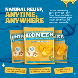 Honees Filled Honey Ginger Drops, Natural Cough Drops- Pure Ginger Sore Throat Relief - Nothing Artificial -Throat Coat Lozenges, Natural Cough Suppressant, Non-GMO (1 Pack – 20 Drops)
