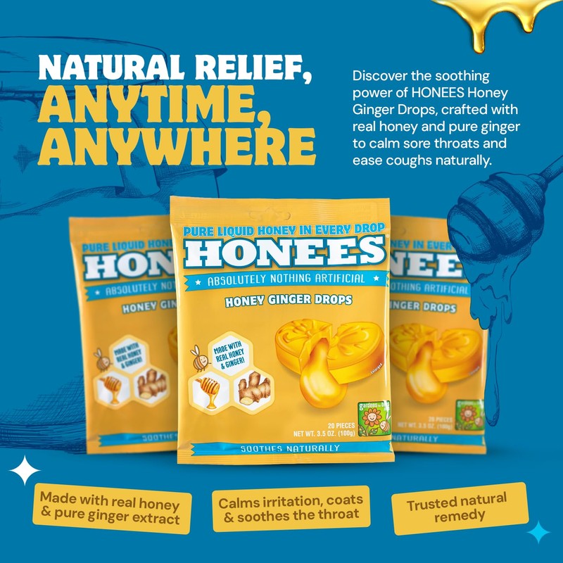 Honees Filled Honey Ginger Drops, Natural Cough Drops- Pure Ginger
