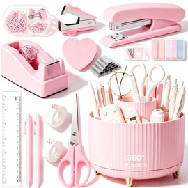 Office Supplies Set Rotating Pen Holder for Desk with Stapler Staple Remover Tape Dispenser,2pcs Tape Refills, Binder Paper Clips Kit, Scissor,Pen Ruler & Sticky Tabs,Pink Office School Supplies(Pink)