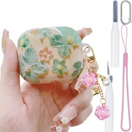 Oil Retro Painting Flower Cover for AirPods 3 Case 3st Generation Case 2021, Flower Pendant, Colorful Soft Full Protective Accessories Set for AirPods Gen3 Case for Girls Women Pink Green Cute