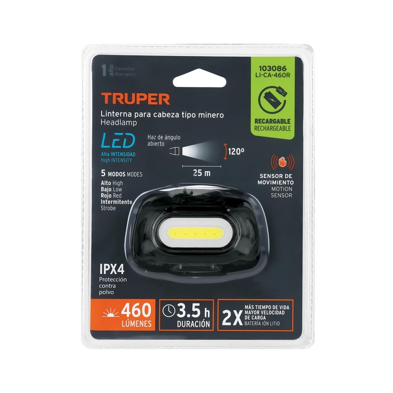 Truper LI-CA-460R, Linterna de minero 460 lúmenes recargable con sensor